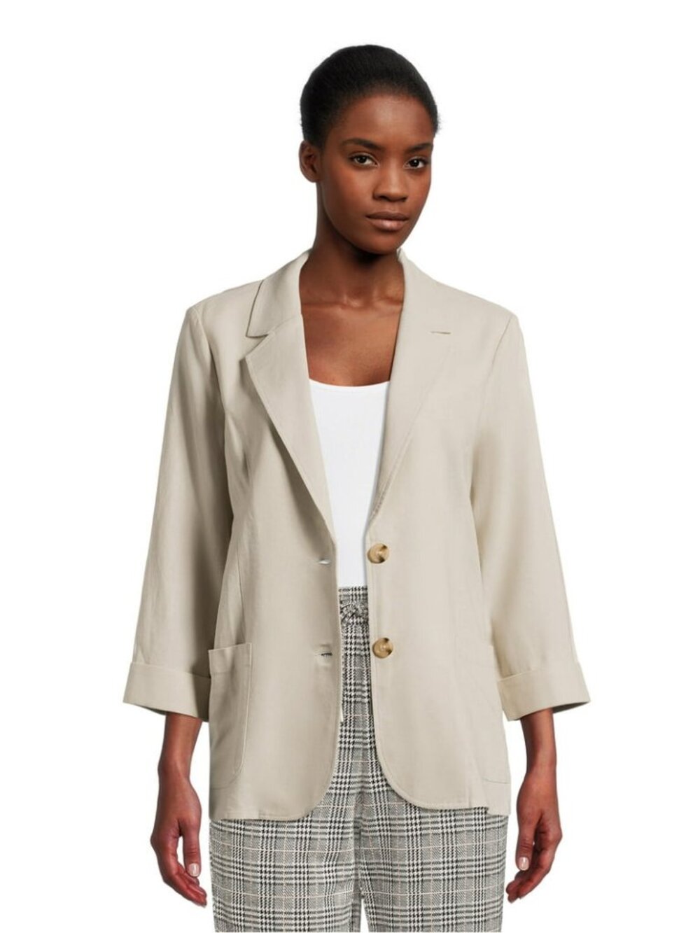 NWOT TIME AND TRU walmart linen blend patch pocket blazer in beige (XL) - Picture 2 of 8
